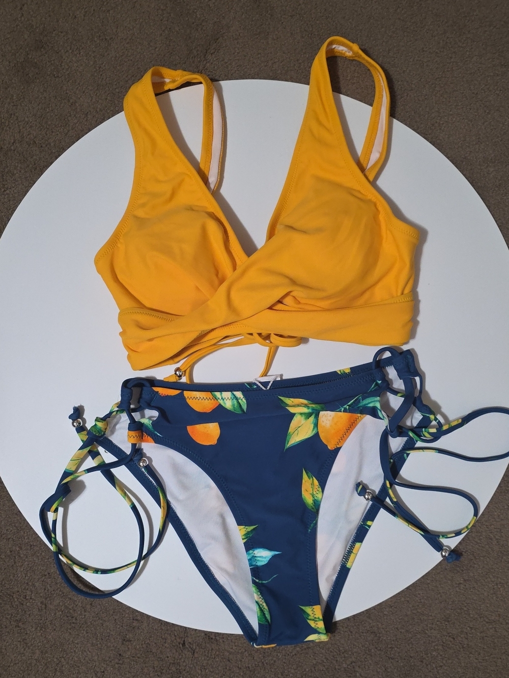 Cupshe Yellow Wrap Bikini Top with Navy Citrus Print Bottom
